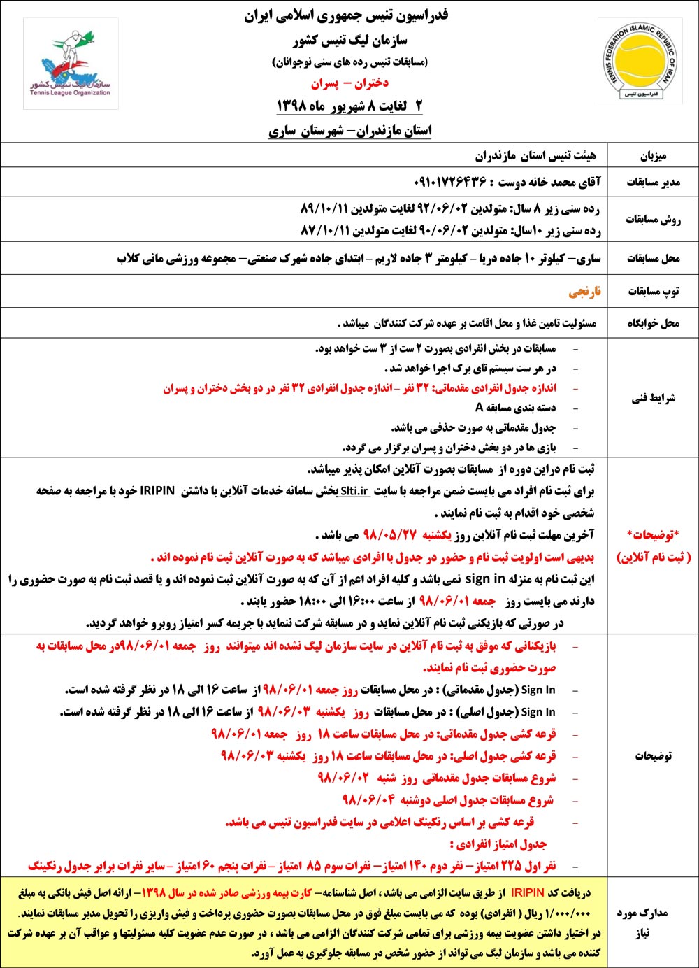 مسابقات تنیس رده های سنی نوجوانان مازندران