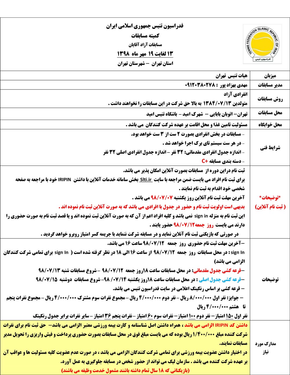 مسابقات تنیس آزاد آقایان تهران