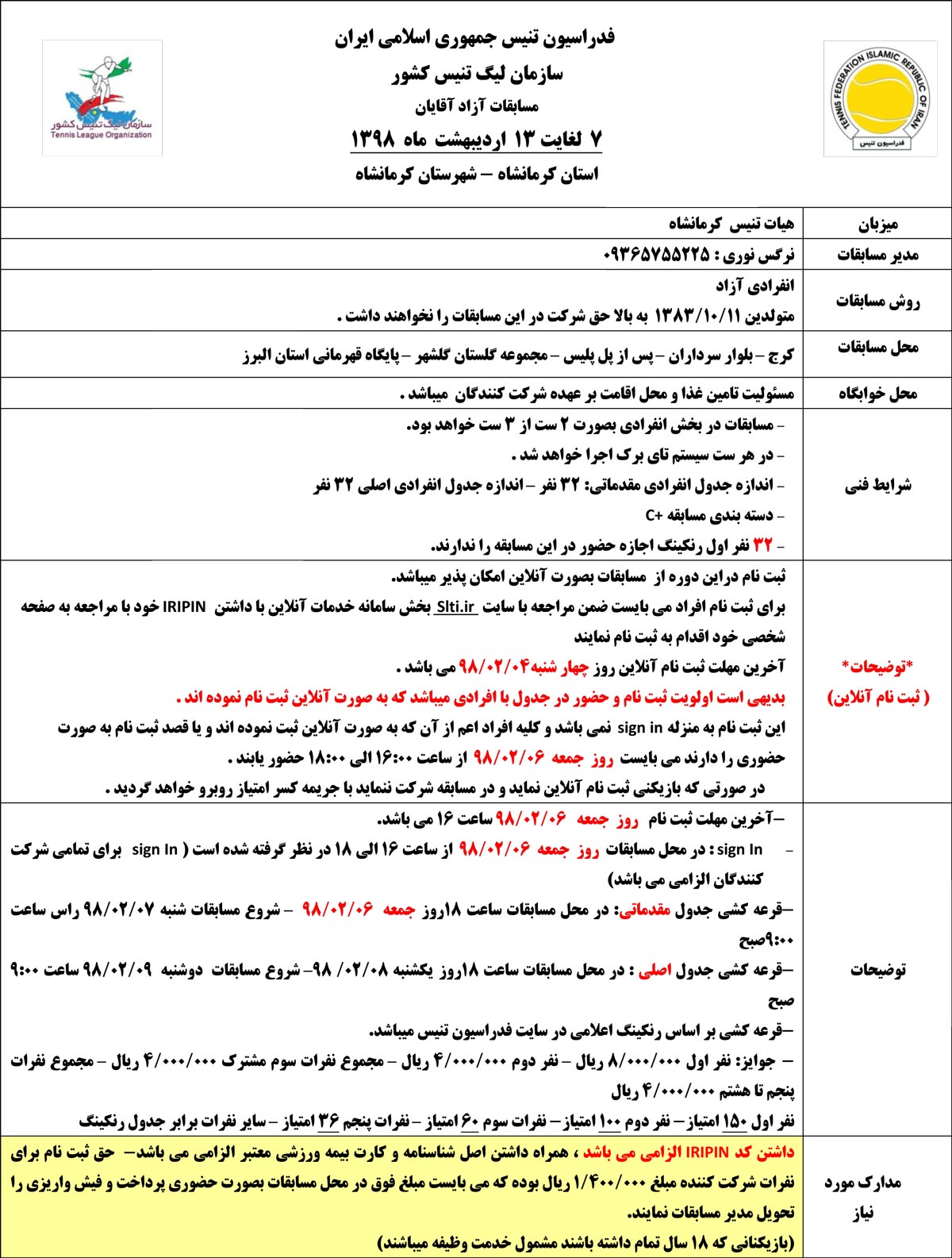 فکت شیت مسابقات آقایان تنیس کرمانشاه