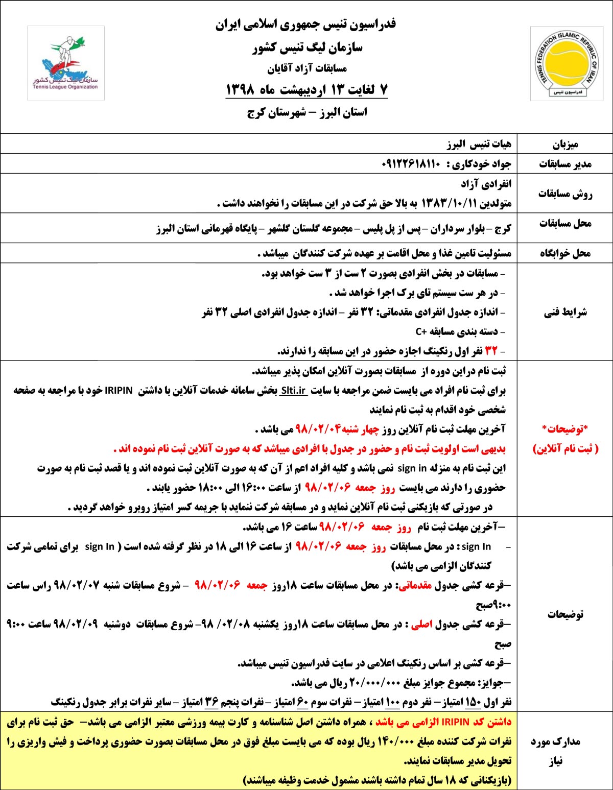 فکت شیت مسابقات آقایان تنیس البرز