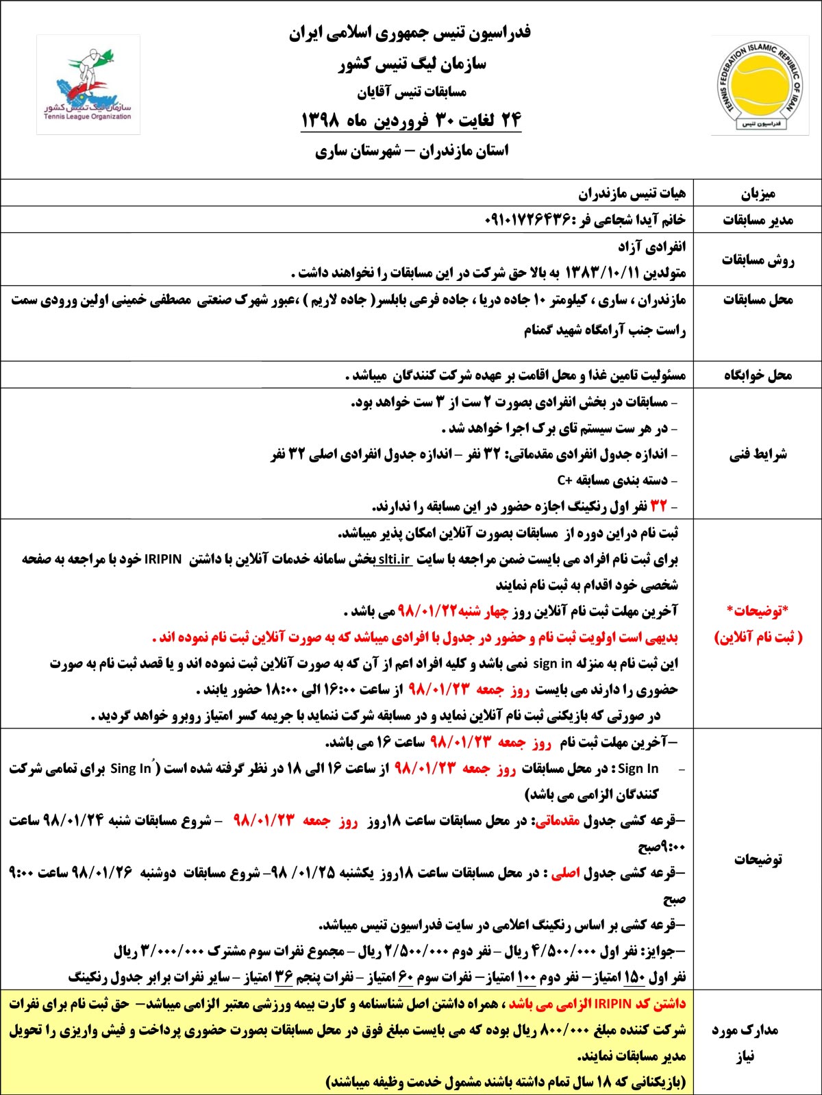 فکت شیت مسابقات بانوان تنیس البرز